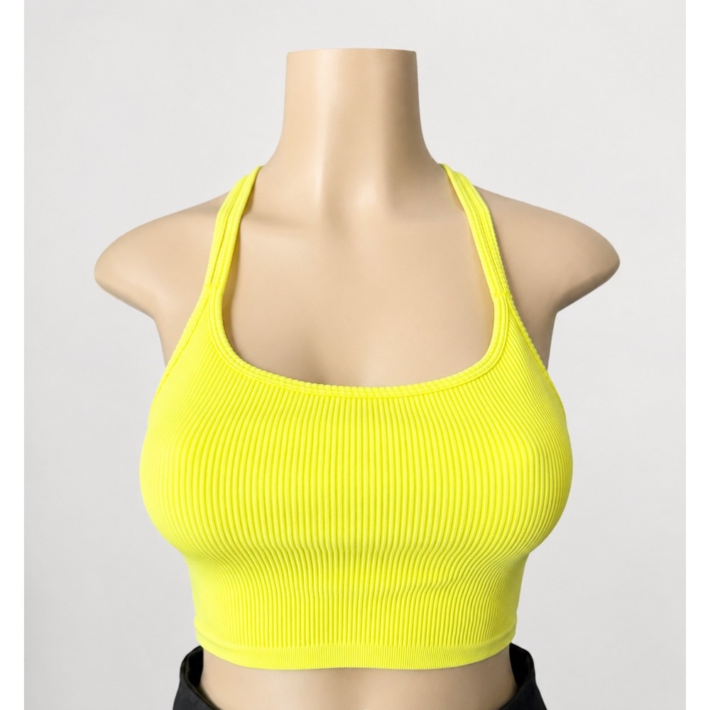 Neon Yellow Ribbed Seamless Crop Top Sports Bra Strappy Cage Back M